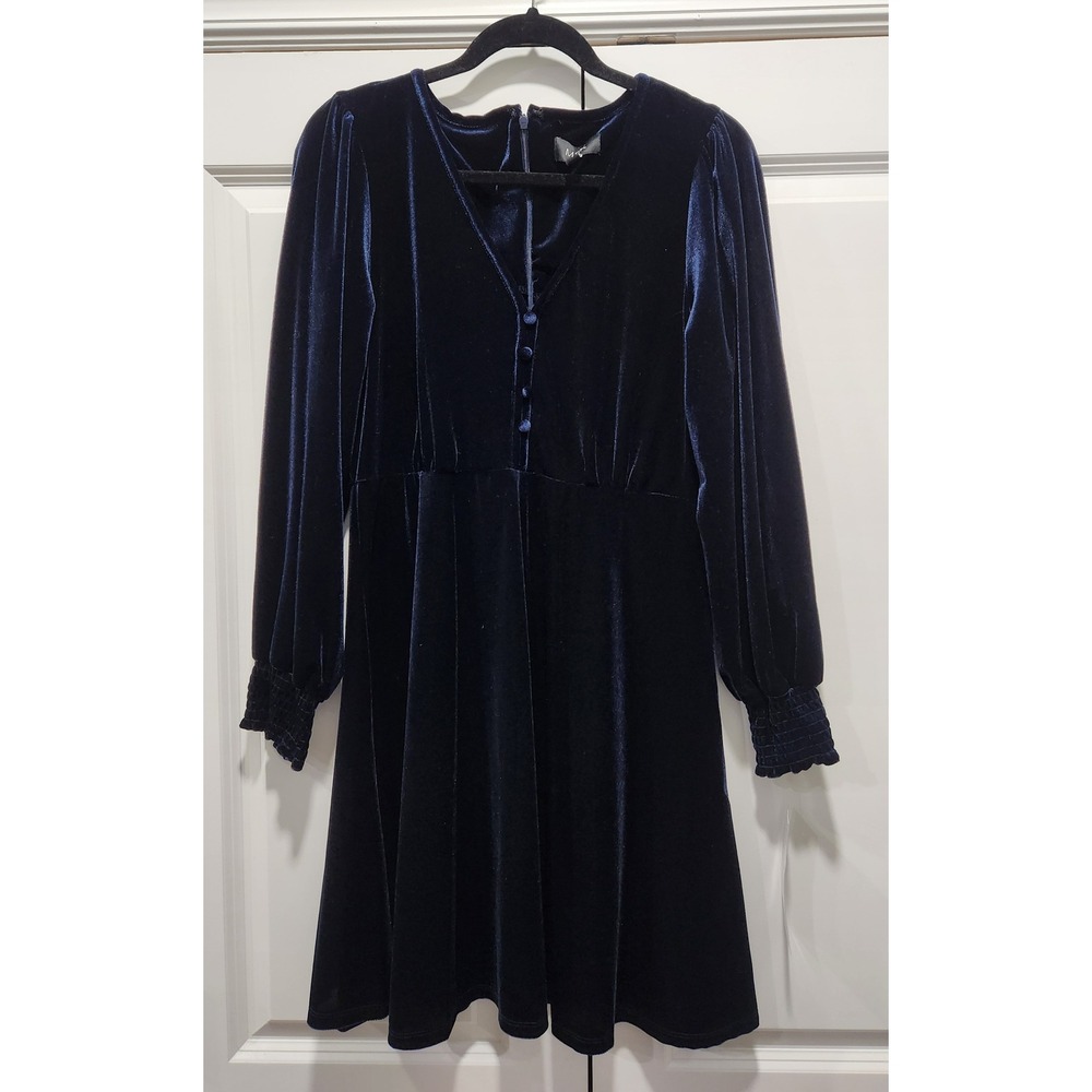MSK Womens‎ L Navy Blue Velvet V-Neck Bishop Cuff Sleeve Dress NWT Stretchy